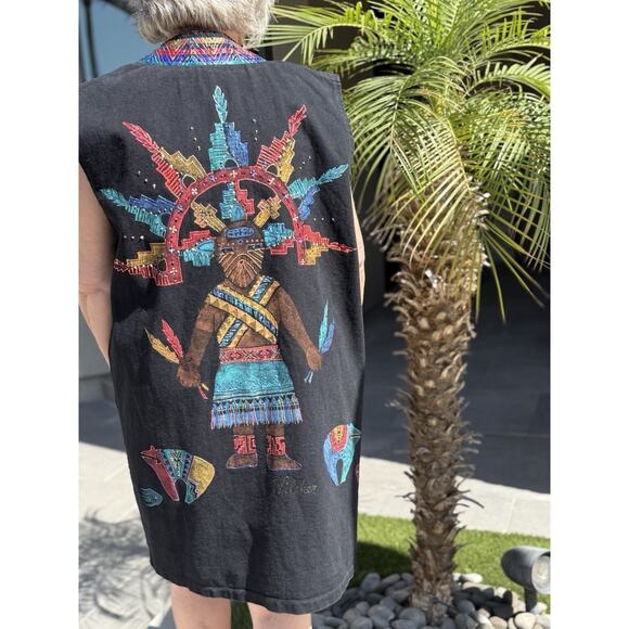 Carol Wilcher Originals Southwest Black Denim Long Vest Sz M Handpainted Signed - Picture 1 of 11